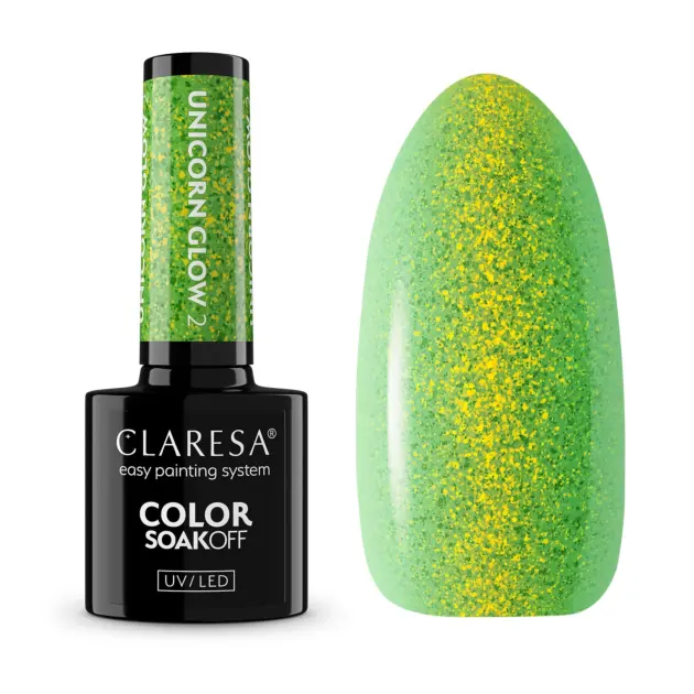 Claresa Unicorn Glow 2 Gel Nail Polish 5g – semi-transparent grønn med gnistrende gullrefleksjoner