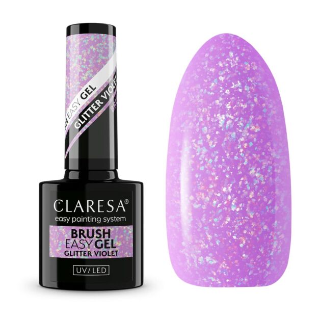 Claresa BRUSH EASY GEL GLITTER VIOLET 5g – Fleksibel gel med pensel for raske korrigeringer og neglforlengelser. Perfekt for profesjonelle og hjemmebruk